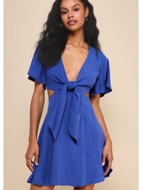 Lulus Perfect Day Royal Blue Linen Blend Cutout Tie-Front Mini Dress